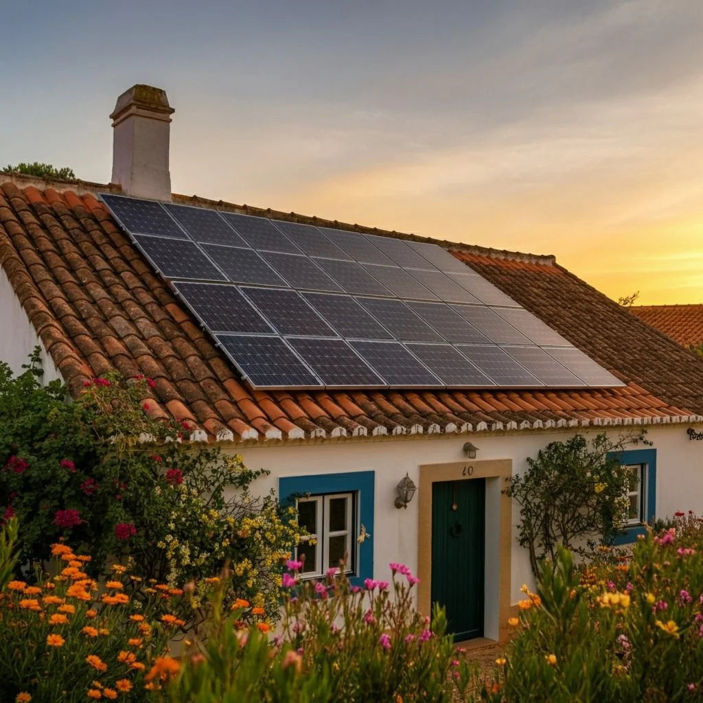 Home with rooftop solar panels at sunset
